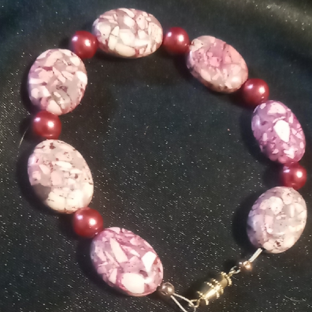 Elegant Pink Jasper Beaded Bracelet On Cable With Thumb Clasp 8.0 In Long